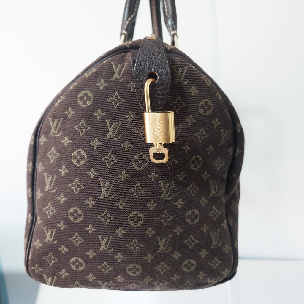 Vista frontal del Louis Vuitton Speedy 30 Mini Lin Monogram marrón